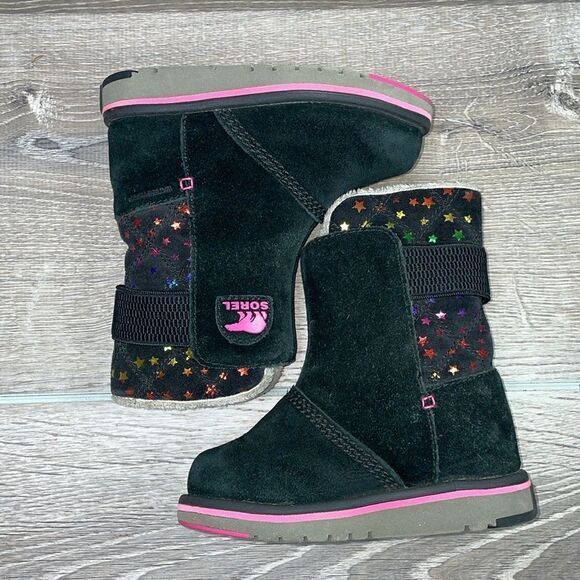 Sorel Rylee Waterproof Black Suede Warm Lined Pink Stars Toddler Girl Sz 8 Boots - Picture 9 of 13